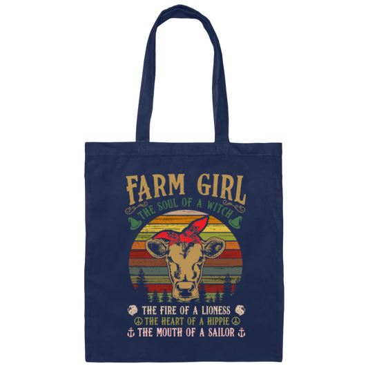 Farm Girl, Cute Cow Retro Gift, The Soul Of A Witch, Vintage Cow Canvas Tote Bag