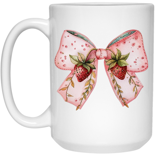 Pink Bow, Strawberry Lover, Strawberries Bow, Xmas Gift White Mug