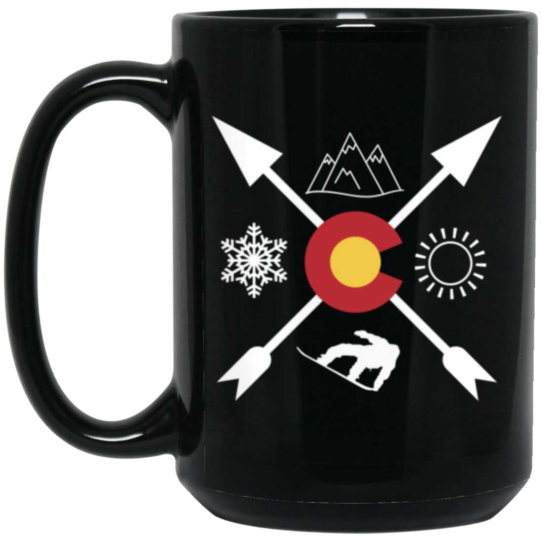 Denver Colorado, Snowboarding Direction, Sun Snow And Mountain Black Mug