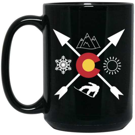 Denver Colorado, Snowboarding Direction, Sun Snow And Mountain Black Mug