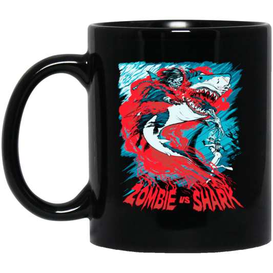 Fight Shark Vs Zombie, Zombie Fight Shark, Horror Gift, Scare Zombie Black Mug