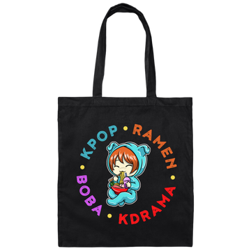 Korean Love Gift, Kpop Ramen Kdrama Boba, Cute Korean Chibi Canvas Tote Bag