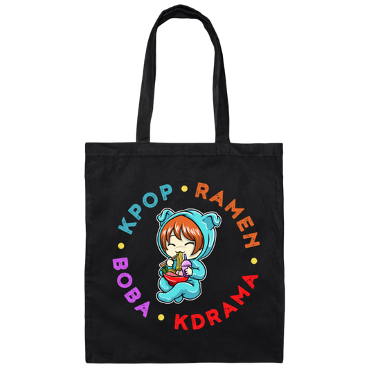 Korean Love Gift, Kpop Ramen Kdrama Boba, Cute Korean Chibi Canvas Tote Bag