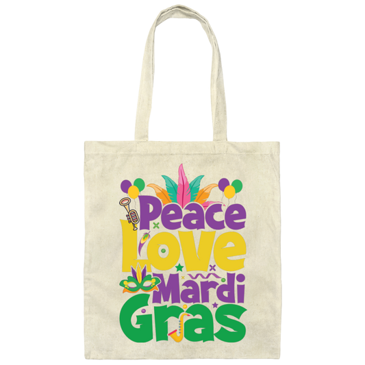 Peace Love Mardi Gras, Mardi Gras Holiday, Three Kings Day Canvas Tote Bag