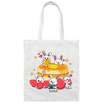 Bunnies With Pancake, Strawberries And Pancake Canvas Tote Bag