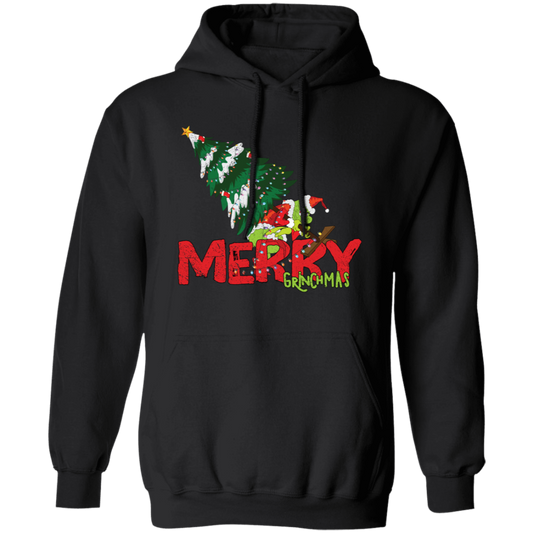 Merry Grinchmas, Merry Christmas, Grinch With Xmas Tree Pullover Hoodie