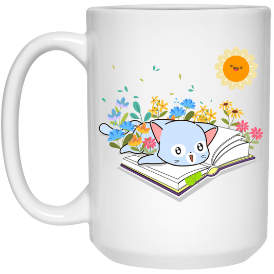 Cute Cat In Spring, Cat With Book Under The Sun White Mug