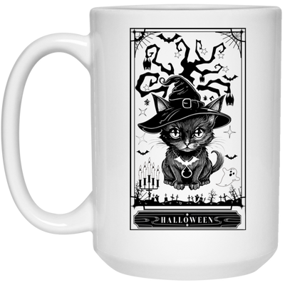 Halloween Card, Tarot Card, Cat Wear Witch Hat White Mug