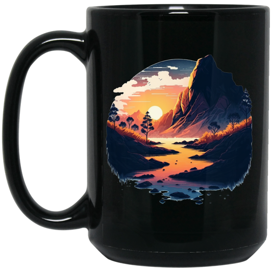 Simple Picture Of Sunset With Rock And River, Best Landscape Gift Black Mug