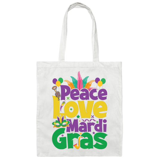 Peace Love Mardi Gras, Mardi Gras Holiday, Three Kings Day Canvas Tote Bag