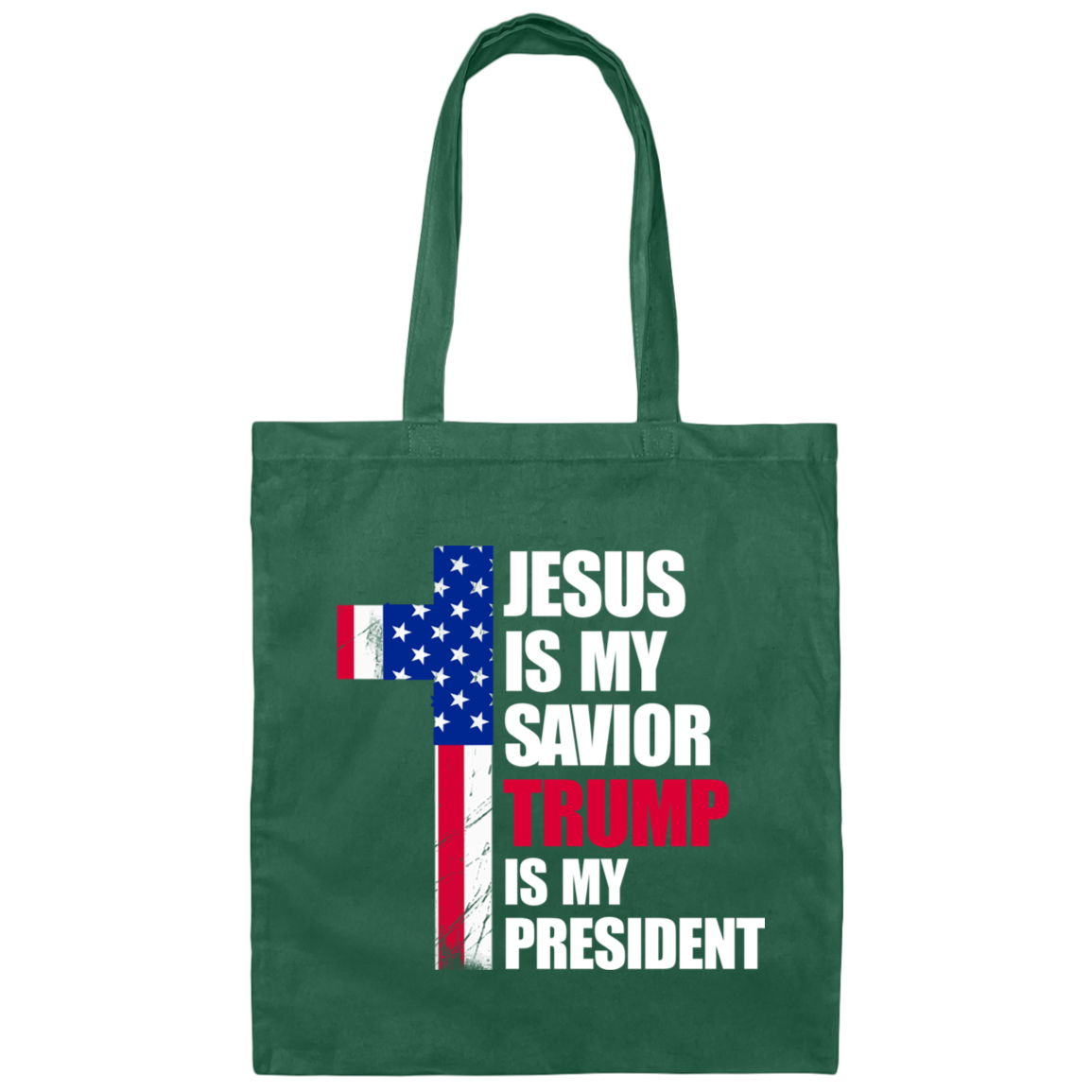 Front view of forest green cotton canvas tote bag with distressed patriotic cross and faith message