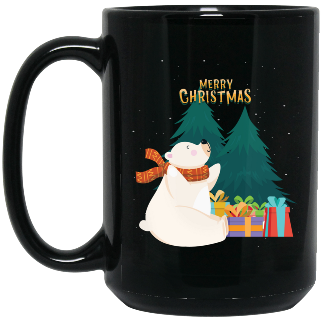 Cute Bear In Christmas, White Bear, Snow Bear, Merry Christmas, Trendy Christmas Black Mug