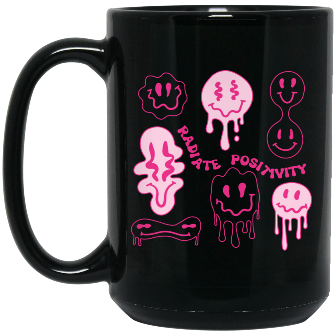 Radiate Positivity, Groovy Smile Face, Radiate Positivity Energy Black Mug