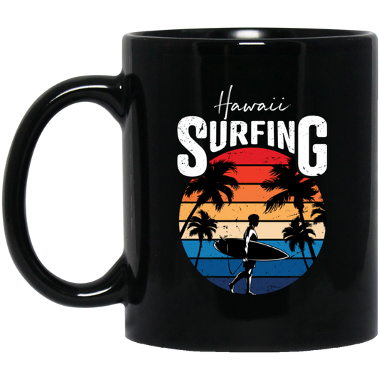 Hawaii Surfing, Retro Beach, Surfing Beach Vintage Black Mug