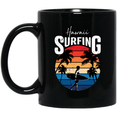 Hawaii Surfing, Retro Beach, Surfing Beach Vintage Black Mug