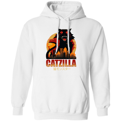 Catzilla In Tokyo City, Horror Cat, Black Cat, Angry Cat Pullover Hoodie