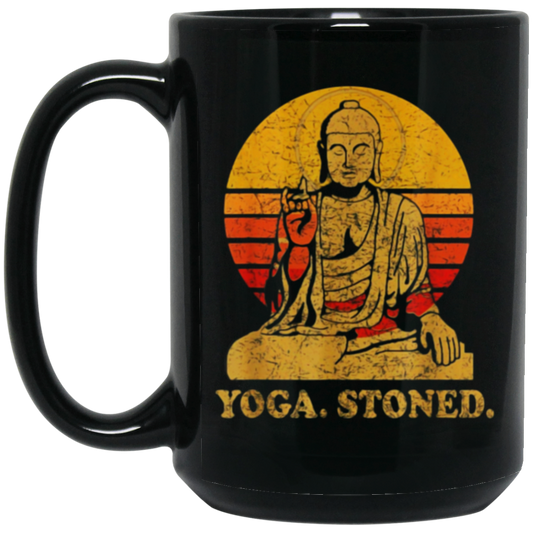 Yoga Stoned, Buddha Retro Sunset Black Mug