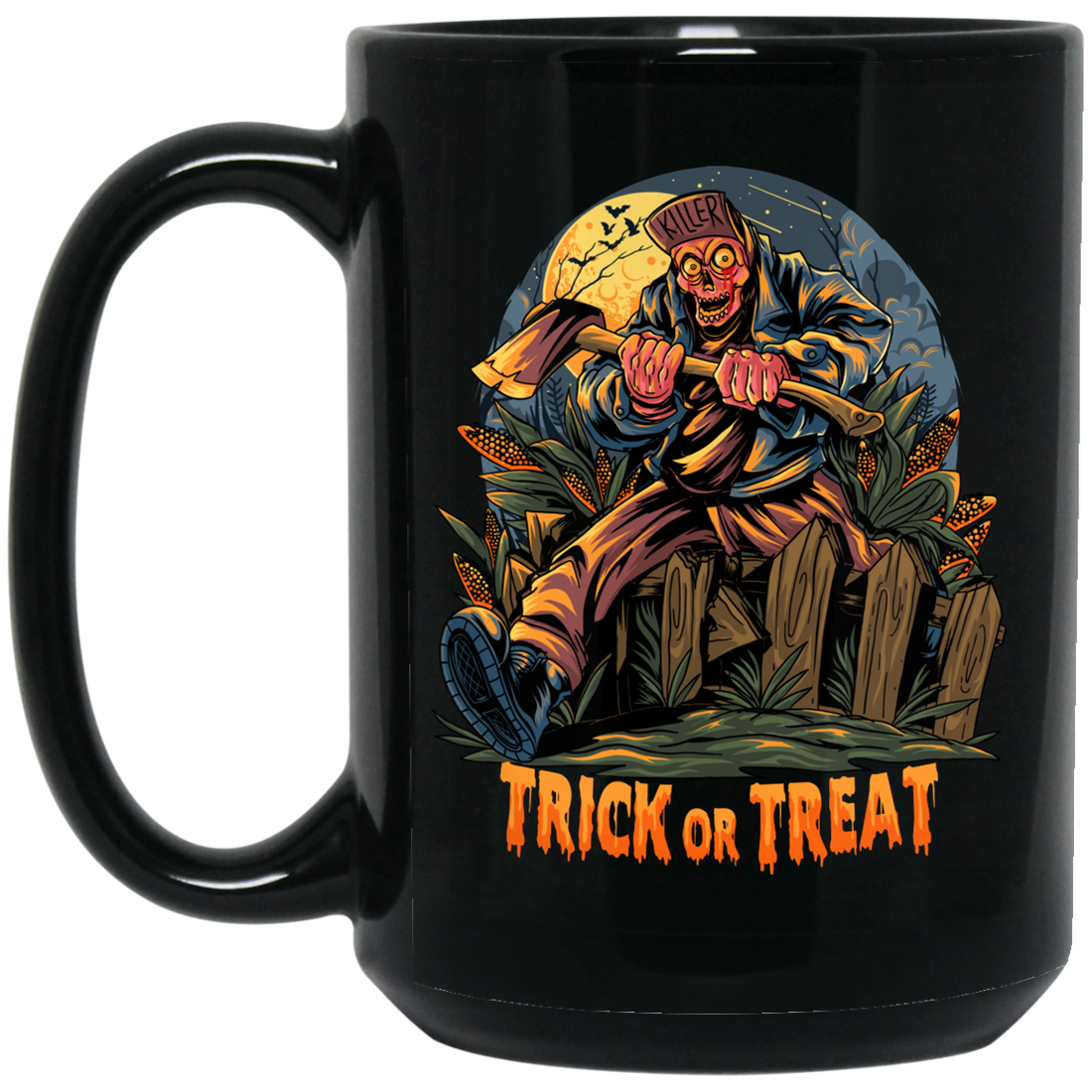 Trick Or Treat, Man Hold Axe, Halloween Night Black Mug