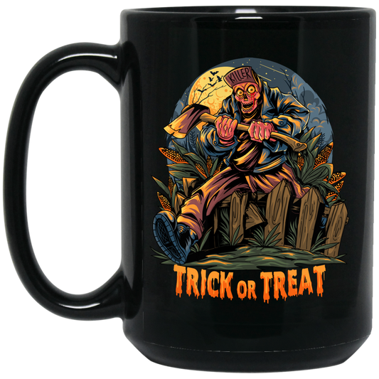 Trick Or Treat, Man Hold Axe, Halloween Night Black Mug