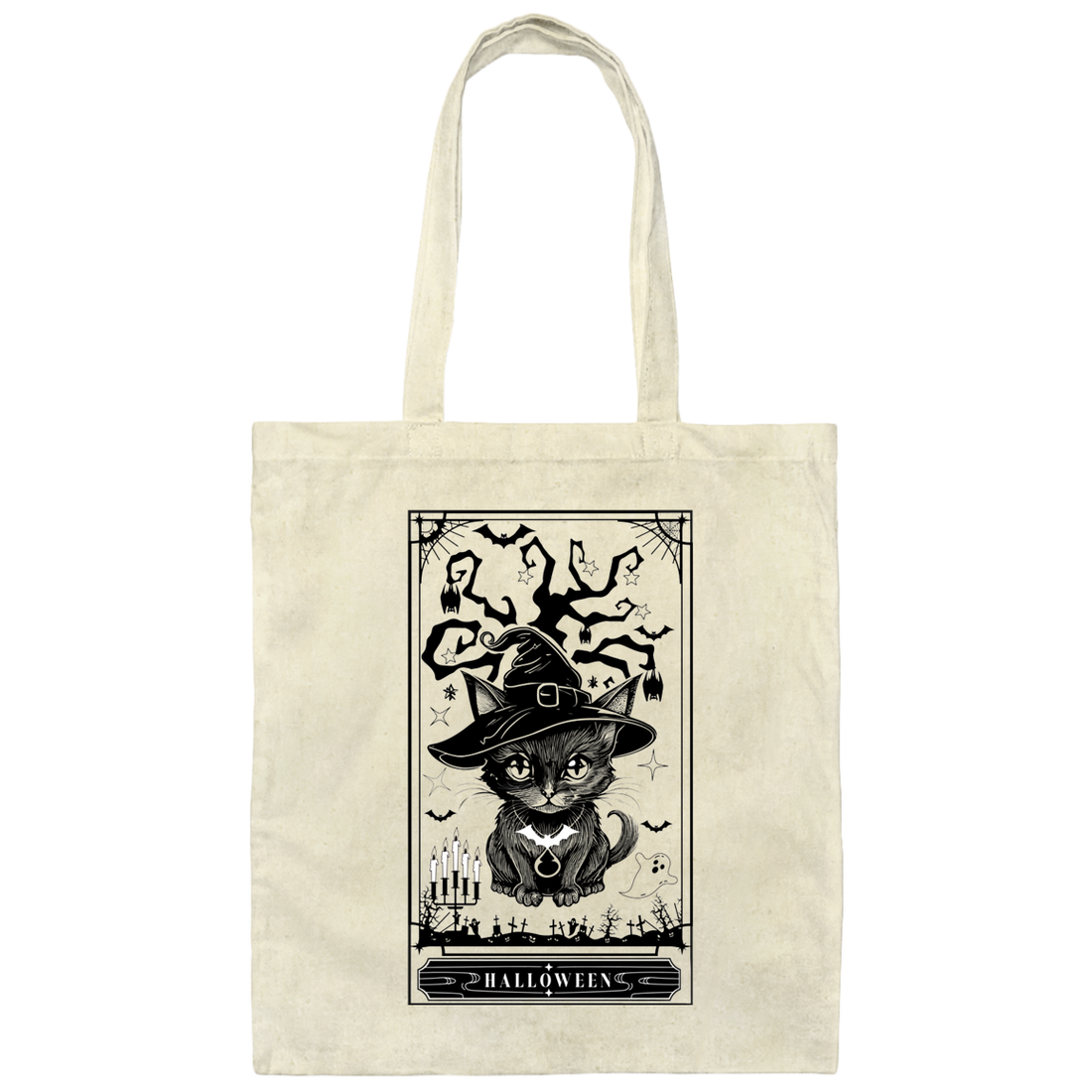 Halloween Card, Tarot Card, Cat Wear Witch Hat Canvas Tote Bag