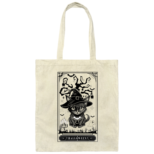 Halloween Card, Tarot Card, Cat Wear Witch Hat Canvas Tote Bag