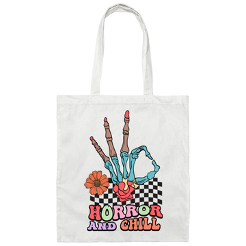 Horror And Chill, Skeleton Hand, Okay Sign, Groovy Skeleton Canvas Tote Bag