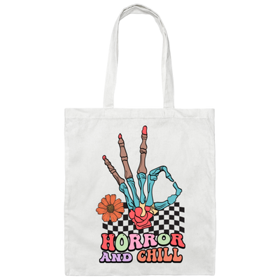 Horror And Chill, Skeleton Hand, Okay Sign, Groovy Skeleton Canvas Tote Bag