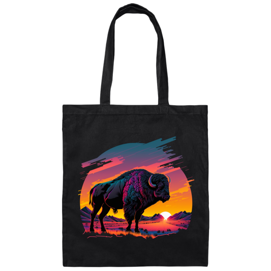 A Bison In Front Of The Sunset, Neon Style, Smooth Lines, Best Of Cow Canvas Tote Bag