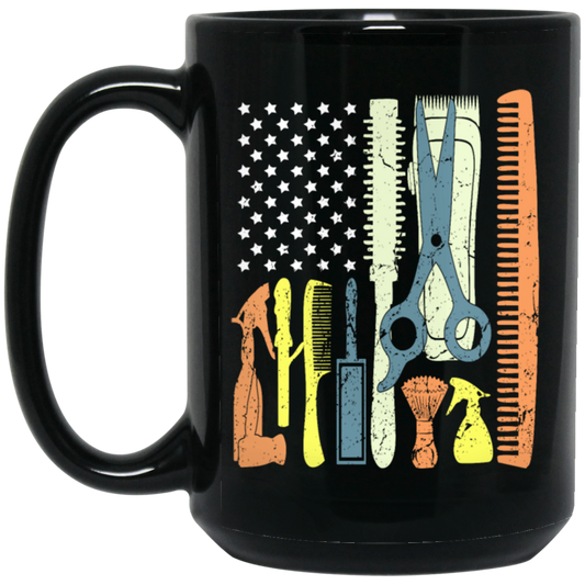 Patriotic Hair Stylist, Haircutter Gift, Barber Day USA, American Barber Black Mug