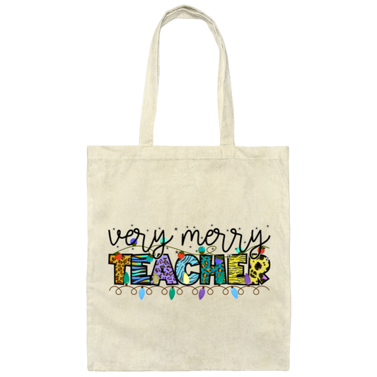 Very Merry Teacher, Merry Christmas, Trendy Christmas, Xmas Lights Canvas Tote Bag