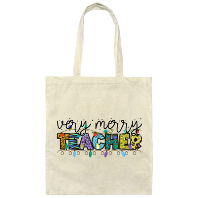 Very Merry Teacher, Merry Christmas, Trendy Christmas, Xmas Lights Canvas Tote Bag