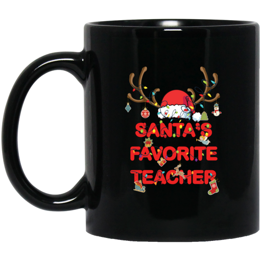 Santa Favorite Teacher, Santa Teacher, Funny Santa, Deer Santa Black Mug