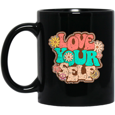 Love Yourself, Peace Love Yourself, Groovy Style, Retro Lovely Gift Black Mug