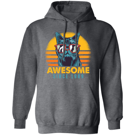 1989 Birthday Gift, Cat Lover Gift, Awesome Since 1989, Retro Cat Gift Pullover Hoodie