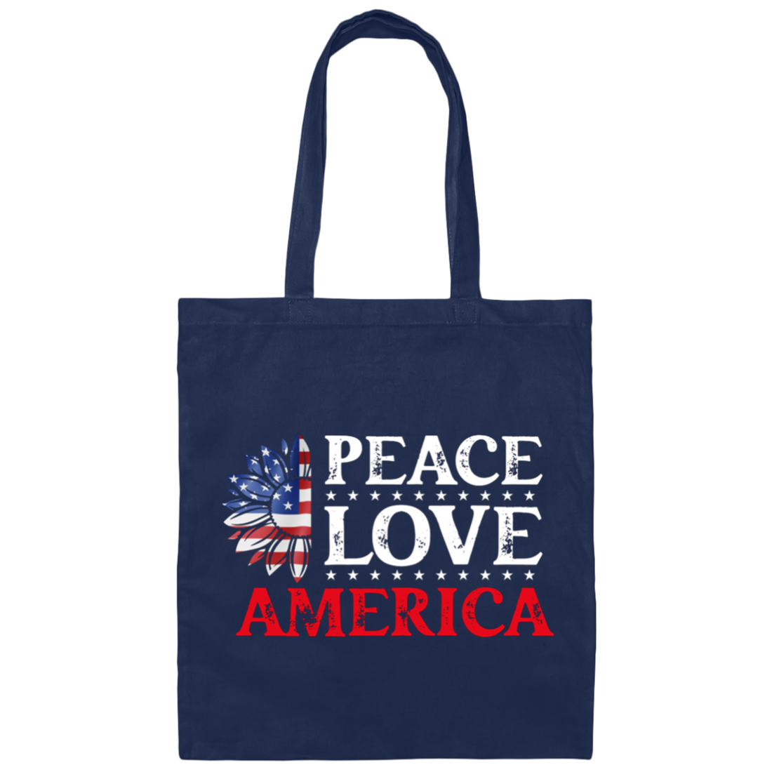 Peace Love American, American Flag, American Sunflower Canvas Tote Bag