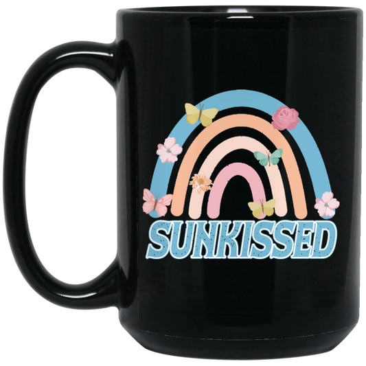 Sunkissed, Groovy Rainbow, Butterfly, Flower, Kid Design Black Mug