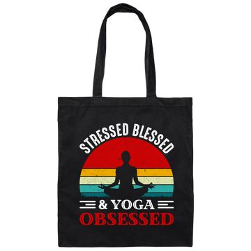 Stresses Blessed And Yoga Obsessed, Retro Yoga Canvas Tote Bag