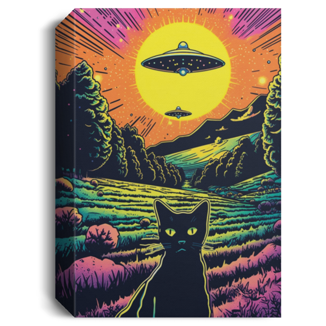 Psychedelic Art Style Of A Cat, Taking A Selfie With UFO Invasion, On The Field Canvas
