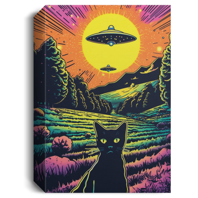Psychedelic Art Style Of A Cat, Taking A Selfie With UFO Invasion, On The Field Canvas