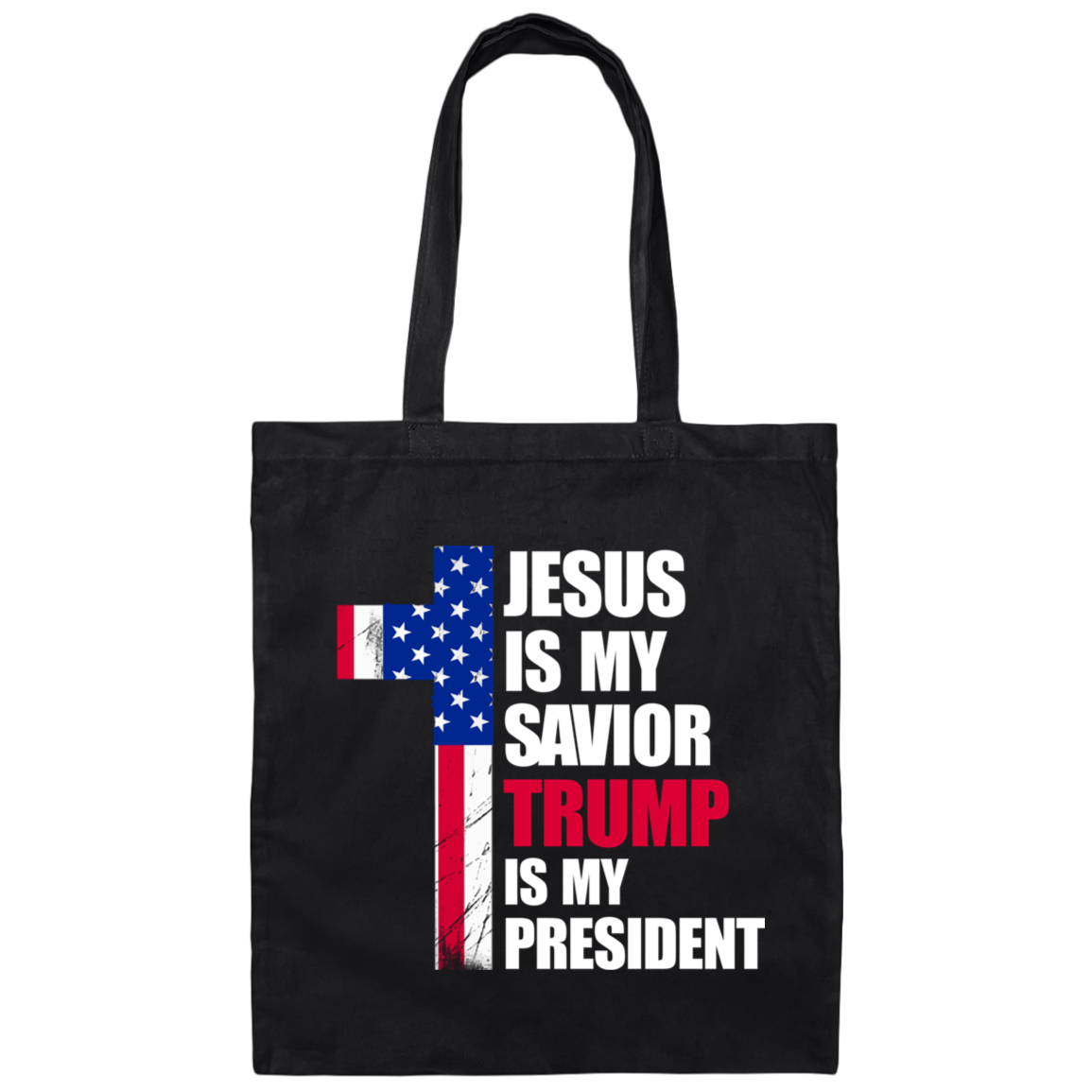 Front view of black cotton canvas tote bag with distressed patriotic cross and faith message