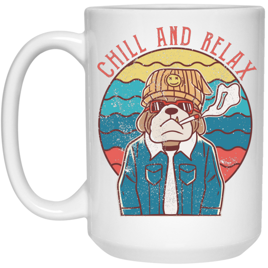 Chill And Relax, Dog Dad, Retro Dog, Cool Dog White Mug