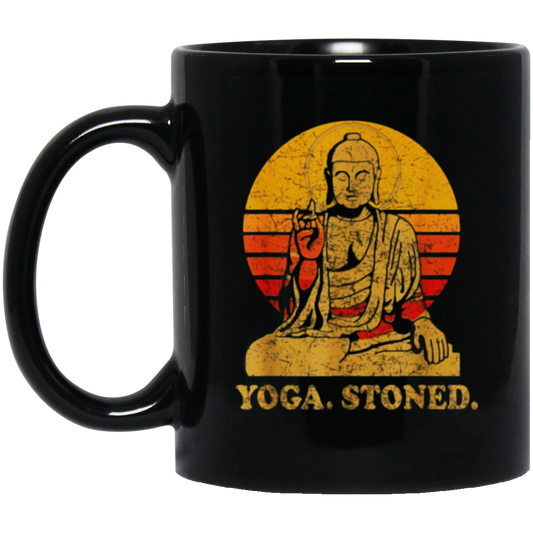 Yoga Stoned, Buddha Retro Sunset Black Mug