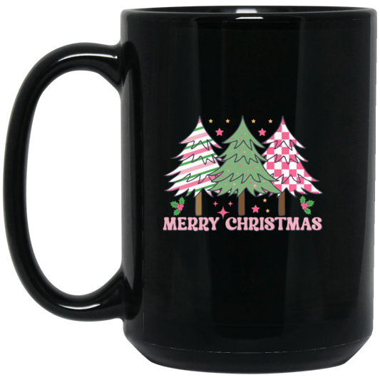 Pink Christmas, Christmas Tree, Pink Plaid Xmas Tree Black Mug