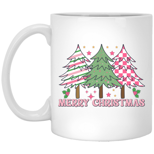 Pink Christmas, Christmas Tree, Pink Plaid Xmas Tree White Mug