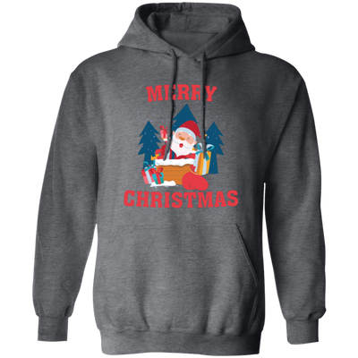 Cute Santa, Happy Santa, Funny Santa, Santa With Gift, Merry Christmas, Trendy Christmas Pullover Hoodie