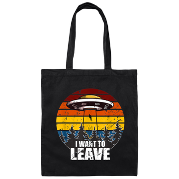 Retro I Want to Leave Vintage Sunset Alien UFO Canvas Tote Bag