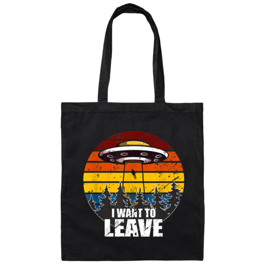 Retro I Want to Leave Vintage Sunset Alien UFO Canvas Tote Bag