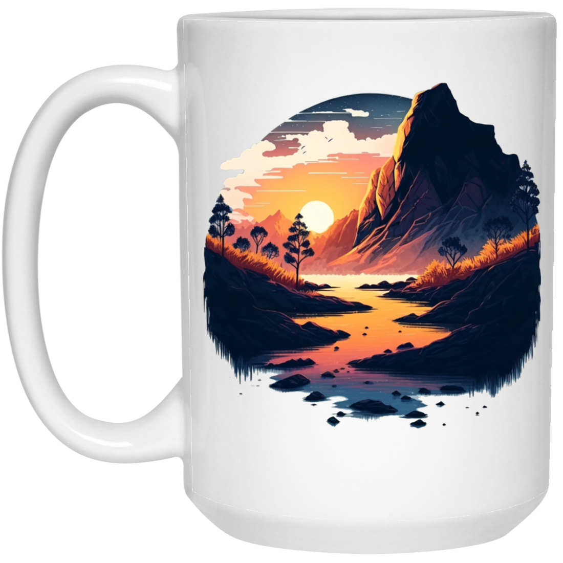 Simple Picture Of Sunset With Rock And River, Best Landscape Gift White Mug