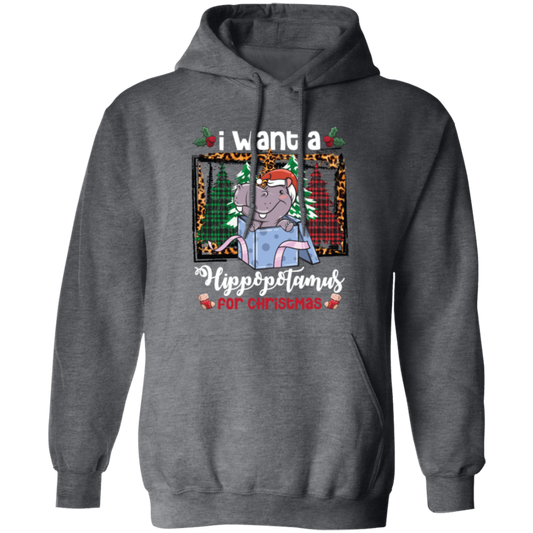 I Want A Hippopotamus For Christmas, Hippo In A Gift Box, Hippo Santa, Pine Trees Buffalo Plaid Pullover Hoodie