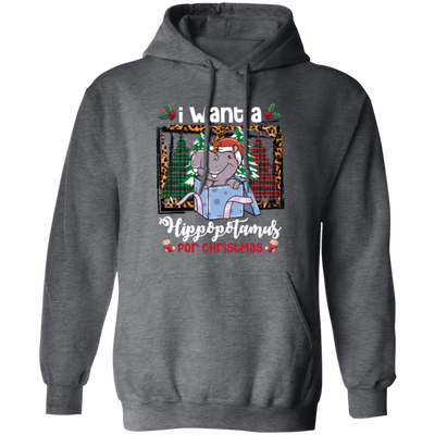 I Want A Hippopotamus For Christmas, Hippo In A Gift Box, Hippo Santa, Pine Trees Buffalo Plaid Pullover Hoodie